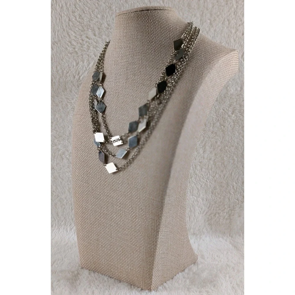 Silver Tone Multi Strand Layered Necklace Geometric Square Discs‎ Bib 34